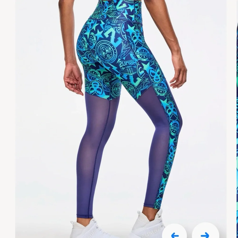 Blue Graphic Leggings with Mesh Panels - Picture 2 of 3